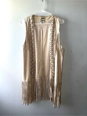 Vocal Beige Fringe Suede Vest with Ring Trim